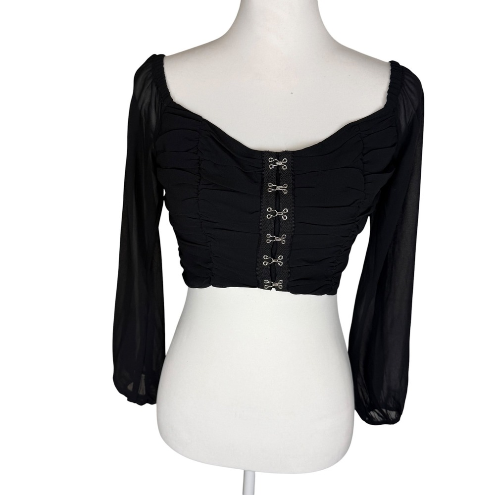 Green Eyed Girl Black Ruched Corset Crop Top Sheer Long Sleeve Smocked Back M